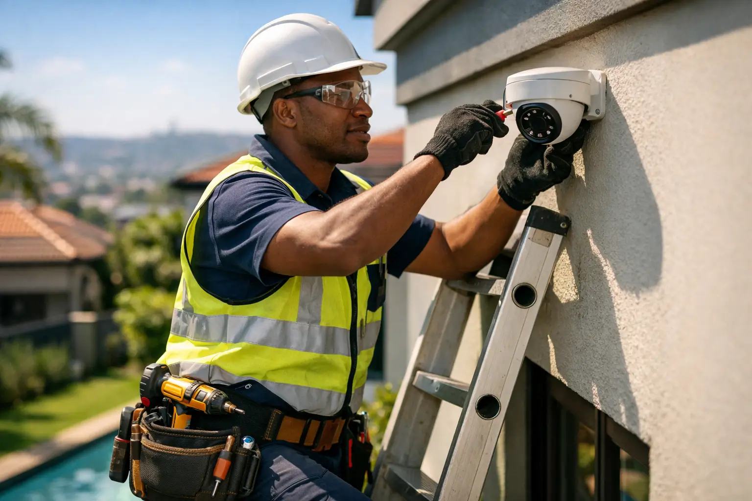 Professional technician installing security equipment